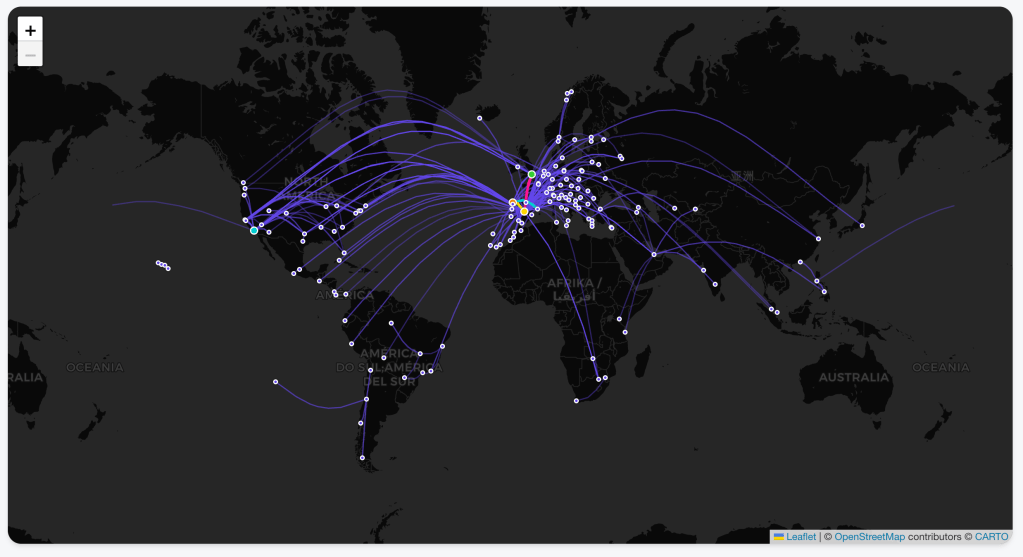A dark-themed interactive world map displaying "Flight Paths." Numerous purple arced lines connect cities across the globe, showing a dense network of flight routes primarily originating from Europe and connecting to North America, South America, Africa, and Asia.