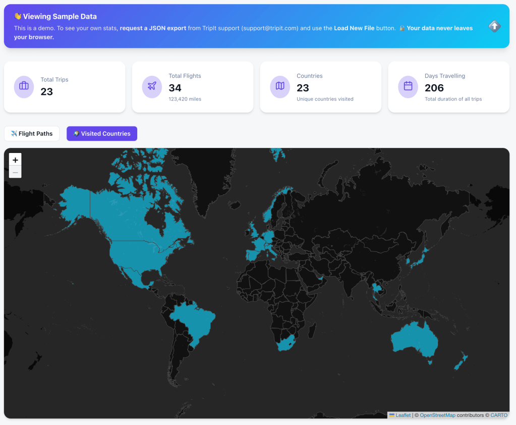 A web dashboard titled "Viewing Sample Data" showing four key statistics cards: 23 total trips, 34 flights (123,420 miles), 23 unique countries visited, and 206 days traveling. Below the stats is a dark world map with visited countries like the USA, Brazil, Australia, and parts of Europe highlighted in bright blue.